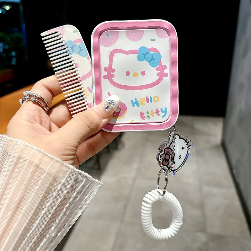 Cute Sanrio Hello Kitty Cat Portable Folding Mini Handheld Makeup Mirror With Comb Durable Gift Student Pendant Makeup Tools