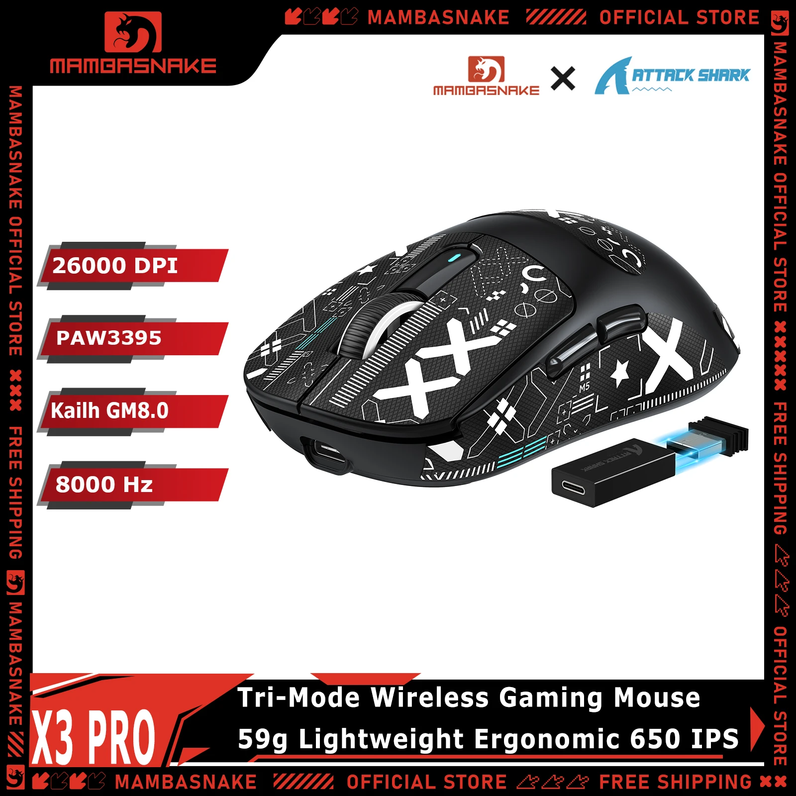 ATTACK SHARK X3PRO Tri-Mode Wireless Gaming Mouse 59g Ultra-Lightweight PAW3395 26000DPI 8KHz Polling Rate Ergonomic  For PC