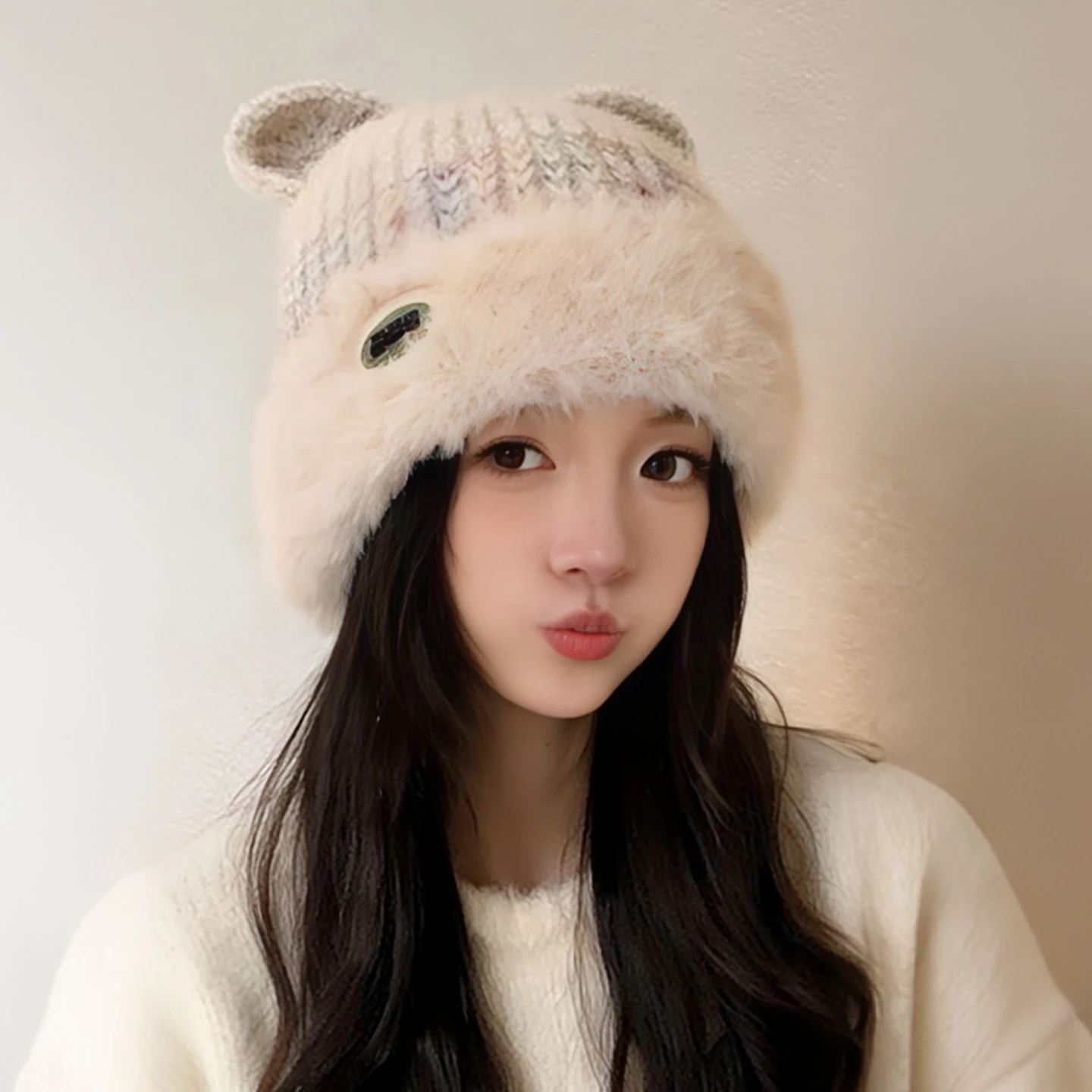 

Теплая вязаная шапка с флисовой подкладкой, зимняя уличная шапка-балаклава с дизайном медведя, милый молодежный модный головной убор, весенняя защита для ушей