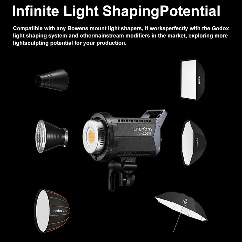 Godox LA150Bi LA150D LA200Bi LA200D LED 조명 보웬스 마운트, APP 제어, 2800K-6500K CRI 96 + TLCI 97 + 사진 조명