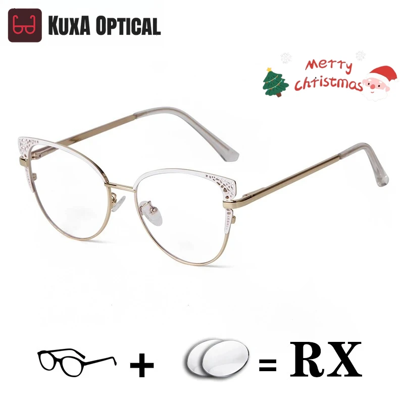 

KUXA Women Cat Eyeglasses Hollow Out Glasses Recipe Myopia Hyperopia Lenses Distance Reading Prescription Vision Eyewear Metal