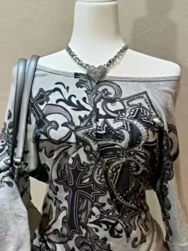 90년대 미국 빈티지 크로스 프린트 티셔츠 여성용 원 숄더 섹시 긴팔 슬림 티셔츠 가을 Y2K 디자인 감각 얇은 다이아몬드 탑