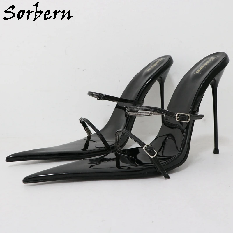 

Sorbern Black Glossy Slippers 16Cm High Heel Stilettos Slides Women Fetish Long Pointy Toes Slides Night Club Footwear Custom