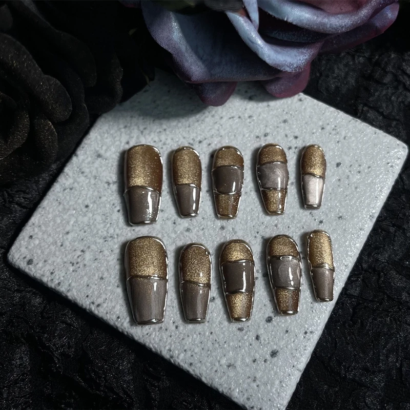 10Pcs Golden Handmade Press On Nails Wearable False Nails Full Cover Glitter Cool Decoration Manicure Fake Nails French Tips Art