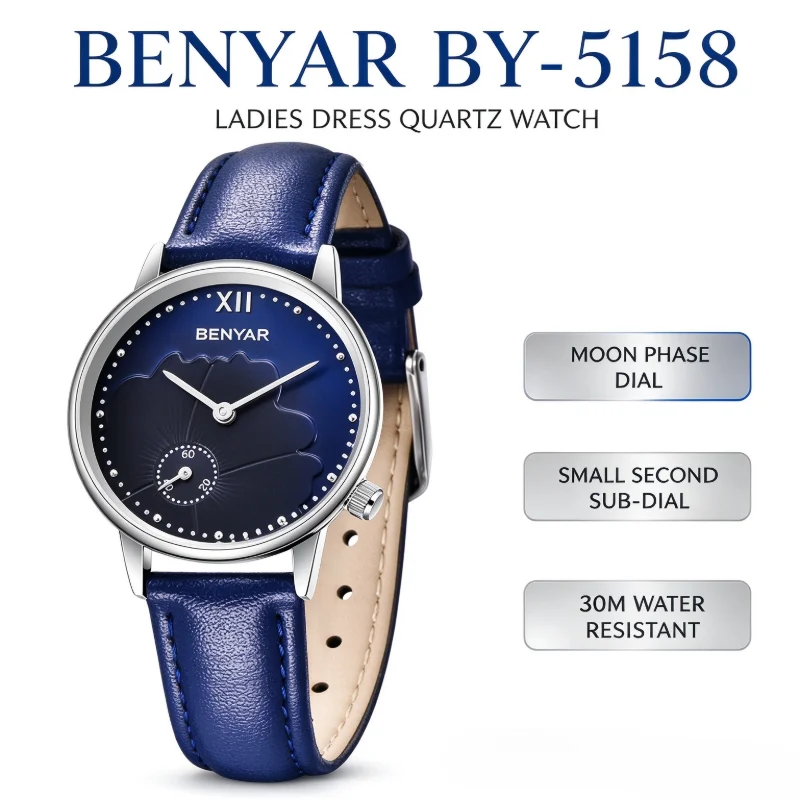BENYAR BY-5158 Women's Elegant Dress Quartz Watch, Moon Phase with Small Second Subdial, Slim Case, Leather Strap, 30M Water Res