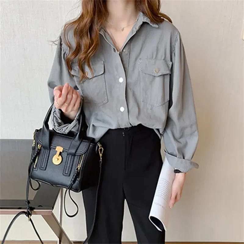 Koreaanse Dames Losse Vest Blouse Tops 2025 Femme Vrije tijd Lange Mouwen Shirt Jas Lente Herfst Vrouwen Effen Kleur Shirts ﻿