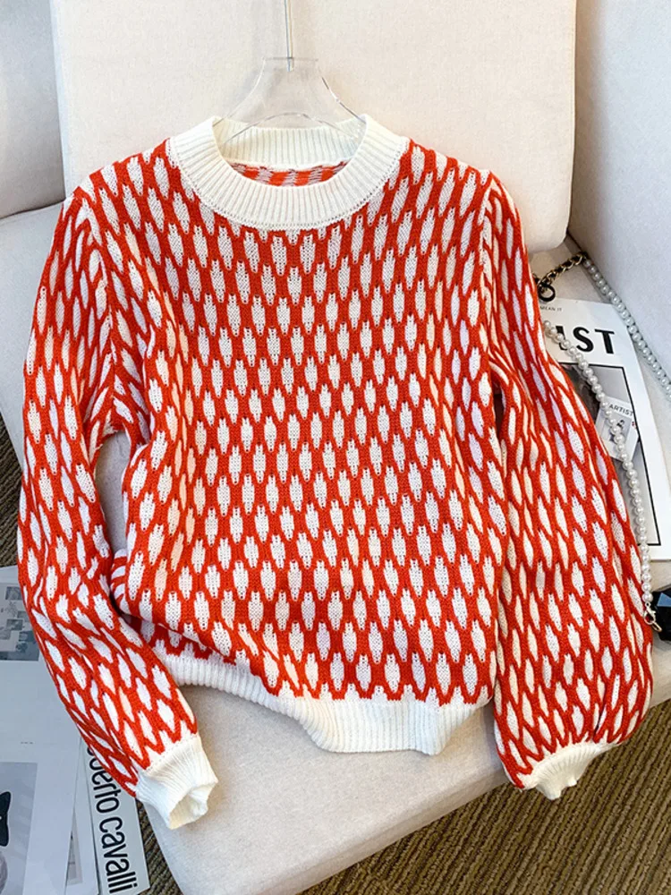 2023 Autumn New Korean Fashion INS Vintage Checkered Round Neck Pullover Knitted Sweater For Women Long Sleeve Y2K Casual Jumper