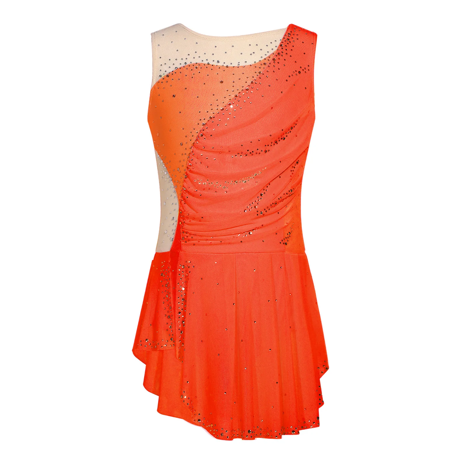 Kinder Mädchen Gymnastik Eiskunstlauf Ballett Tanzkostüm Funkelnde Strasssteine Gerafftes Netzkleid mit Seitenschlitz und Eingebautem Slip – Detail 15