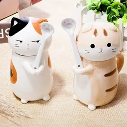 Japanese Ceramic Cartoon Cute Cat Coffee Mug With Spoon and Lid Creative Hand Painted Drinkware Milk Tea Cups Novelty Gifts