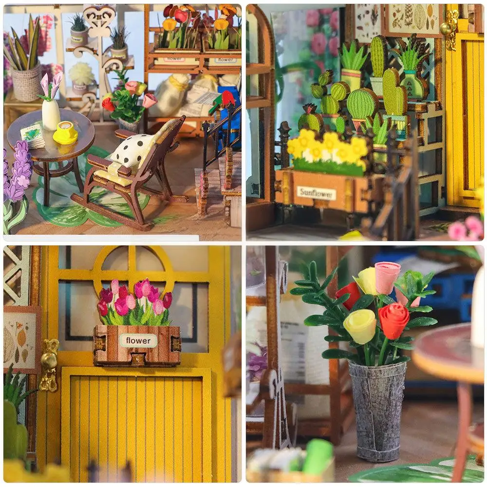 مجموعة أدوات كتاب خشبية ثلاثية الأبعاد من OUZEY - منزل حديقة مصغر "Blossom Retreat" مع أضواء LED، هدية ديكور غرفة الزهور #5