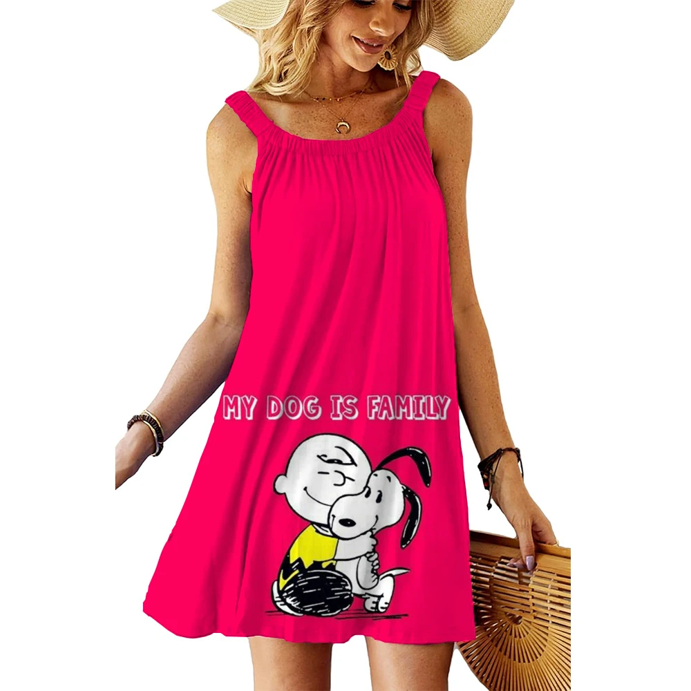 Women's Beach Dresses Snoopy Kawaii 2025 Summer Youthful Woman Clothes Y2k Anime Sanrio Leisure Elegant Chic Dress Boho Sling