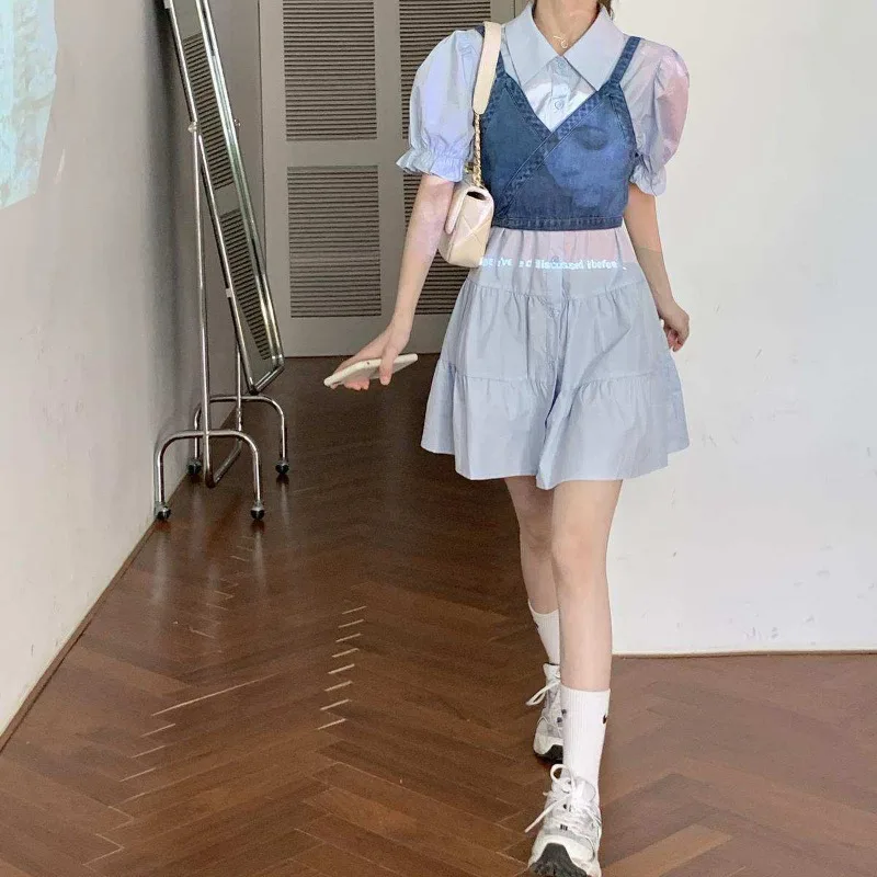 Canotta in Denim coreano stile Preppy donna colture Retro Streetwear Solid College Slim Femme All-match semplice Casual primavera estate