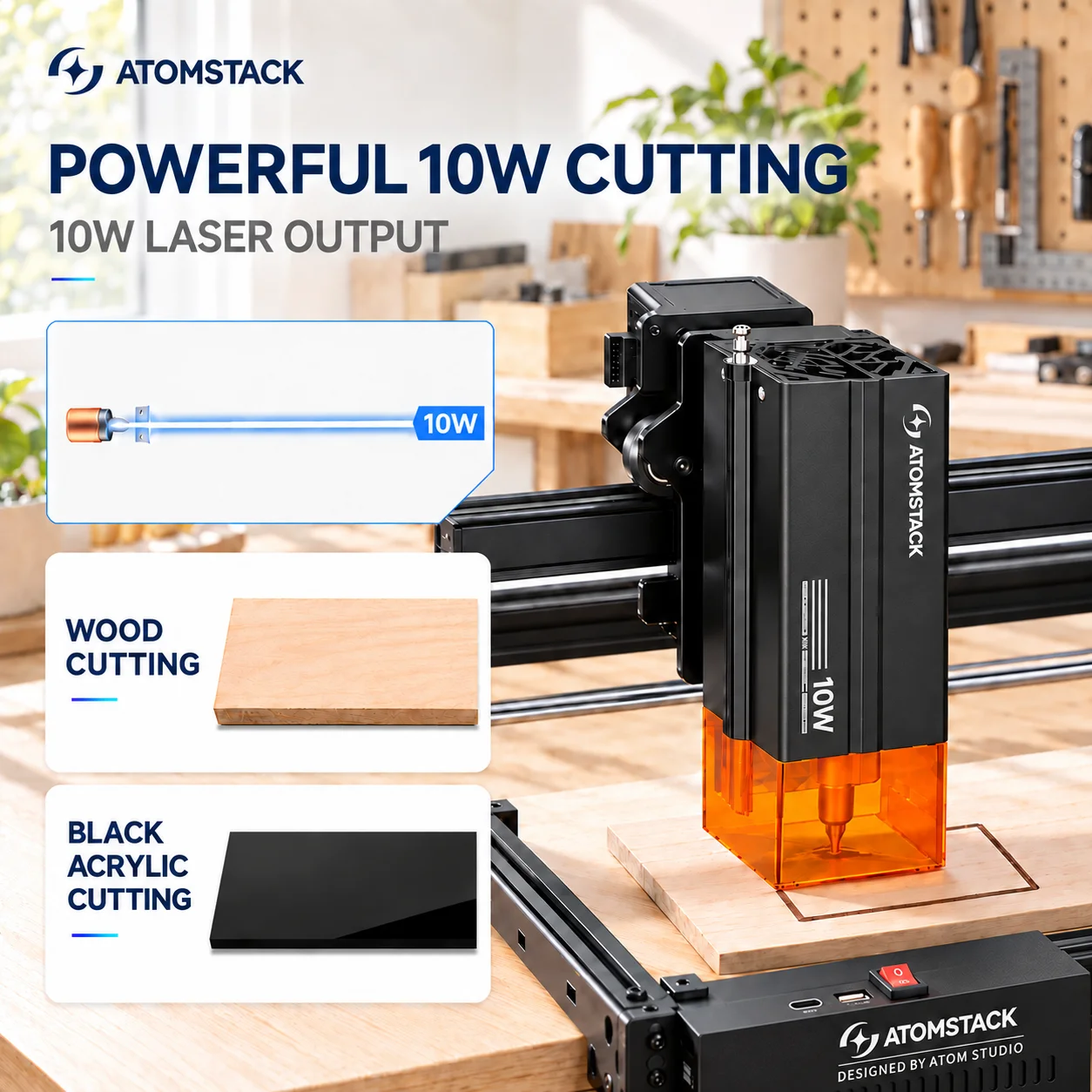 ATOMSTACK A10 PRO V2, máquina de grabado y corte láser de 10 W, área de trabajo de 410 x 380 mm, precisión de 0,01 mm, máquina CNC con conexión USB para madera, acrílico, cuero, proyectos de bricolaje y manualidades en casa.