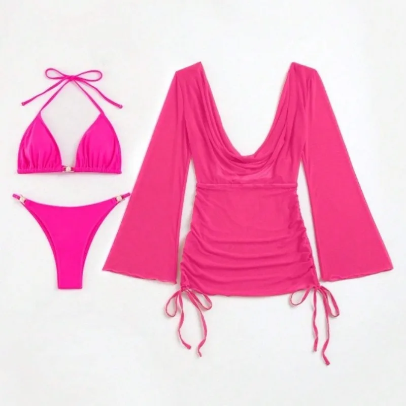 Plus Size Swimwear European American Foreign Trade Three-piece Split Bikini Beach Smock Neck Tie String Bikini Swimsuit Women