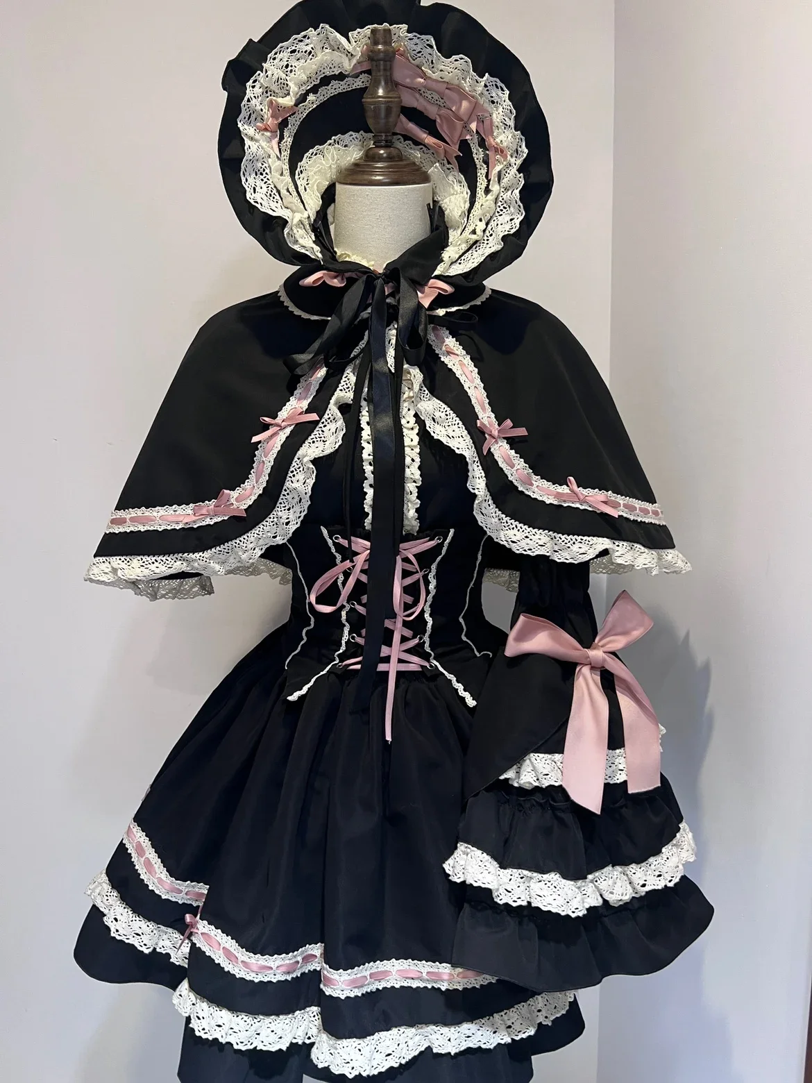 Magnifique ensemble Lolita à manches courtes évasées pour femmes, petite cape et jupe imbibée, chemise à nœud, taille haute, gâteau, doux, fille