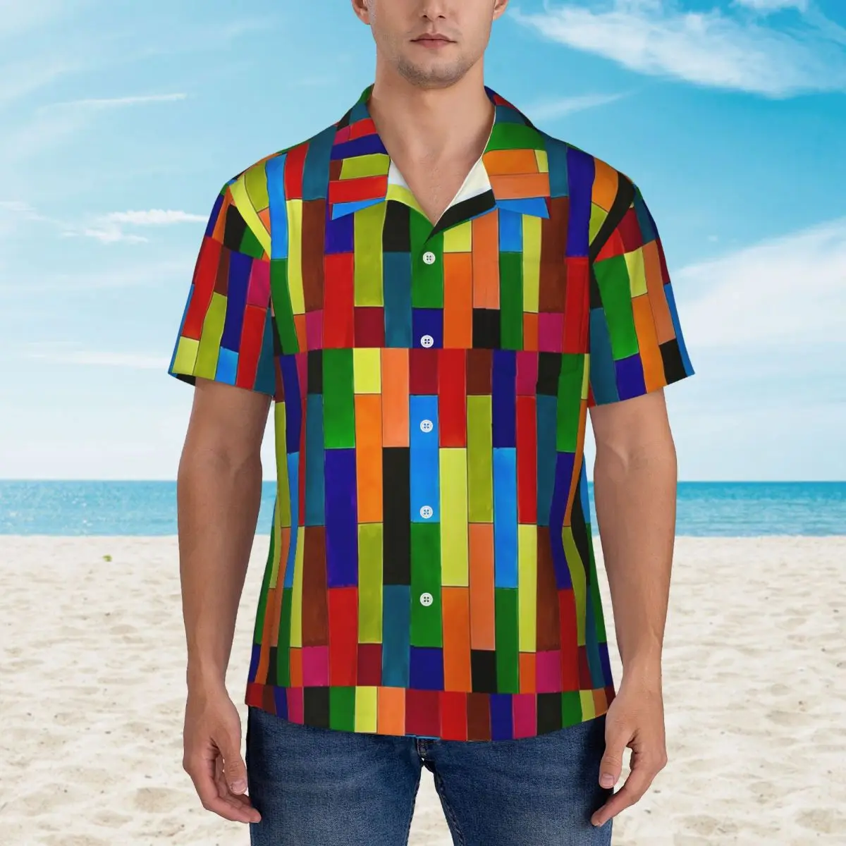 Color Block Vacation Shirt Men Green Red Yellow Casual Shirts Hawaii Short Sleeve Custom Cool Oversize Blouses Gift Idea