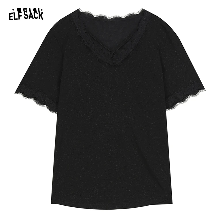 ELFSACK 2024 Summer New Arrivals Black lace splicing v-neck shiny solid color cool girl short-sleeved T-shirt for women