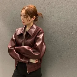 New Retro Burgundy PU Leather Jacket Top for Women's Spring and Autumn Lapel Zipper Motorcycle Jacket Top Leather Jacket Women