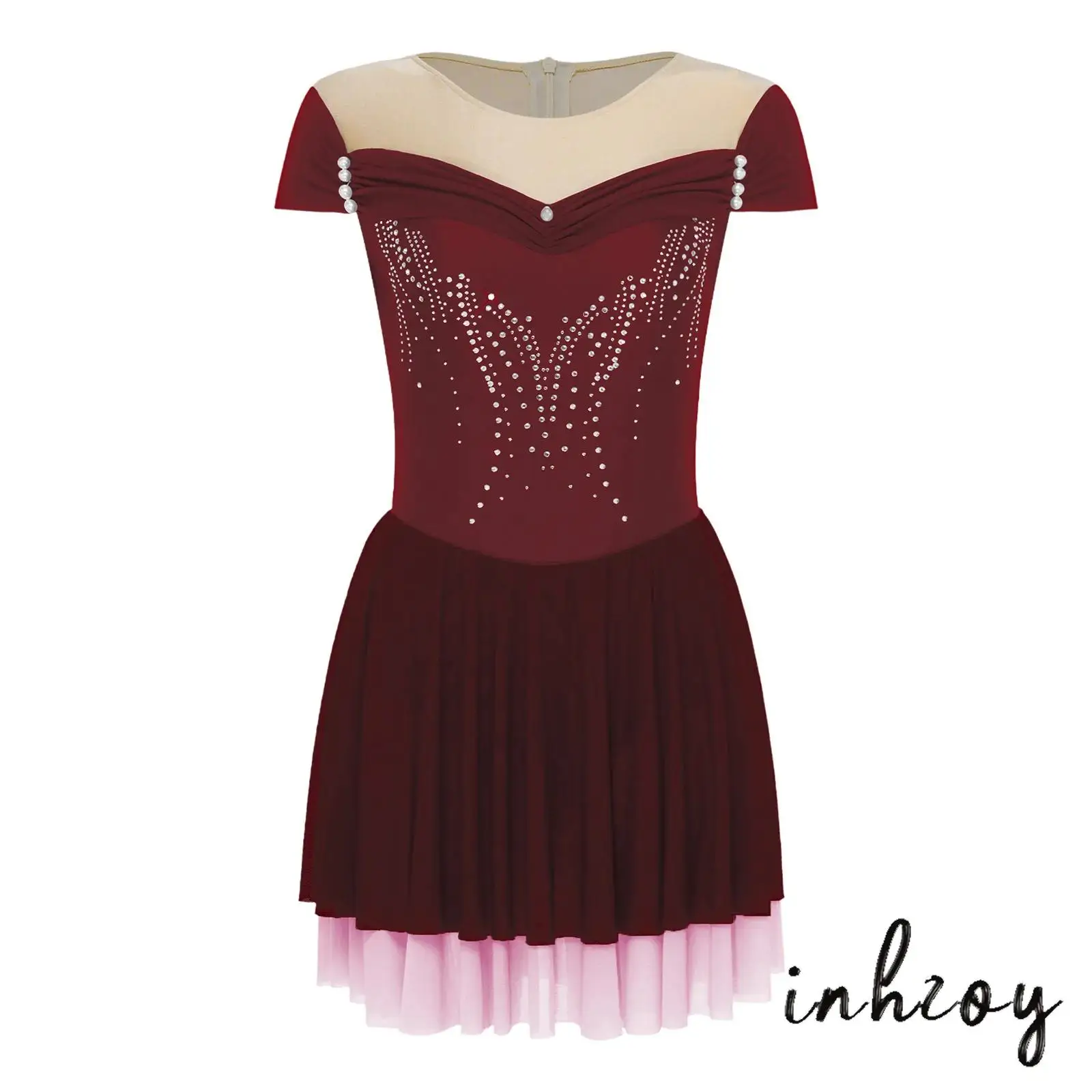 

Women Ballet Gymnastic Dance Dress Rhinestone Detail Cap Sleeve Tiered Color Block Mesh Hem Dress for Figure Skating Performance