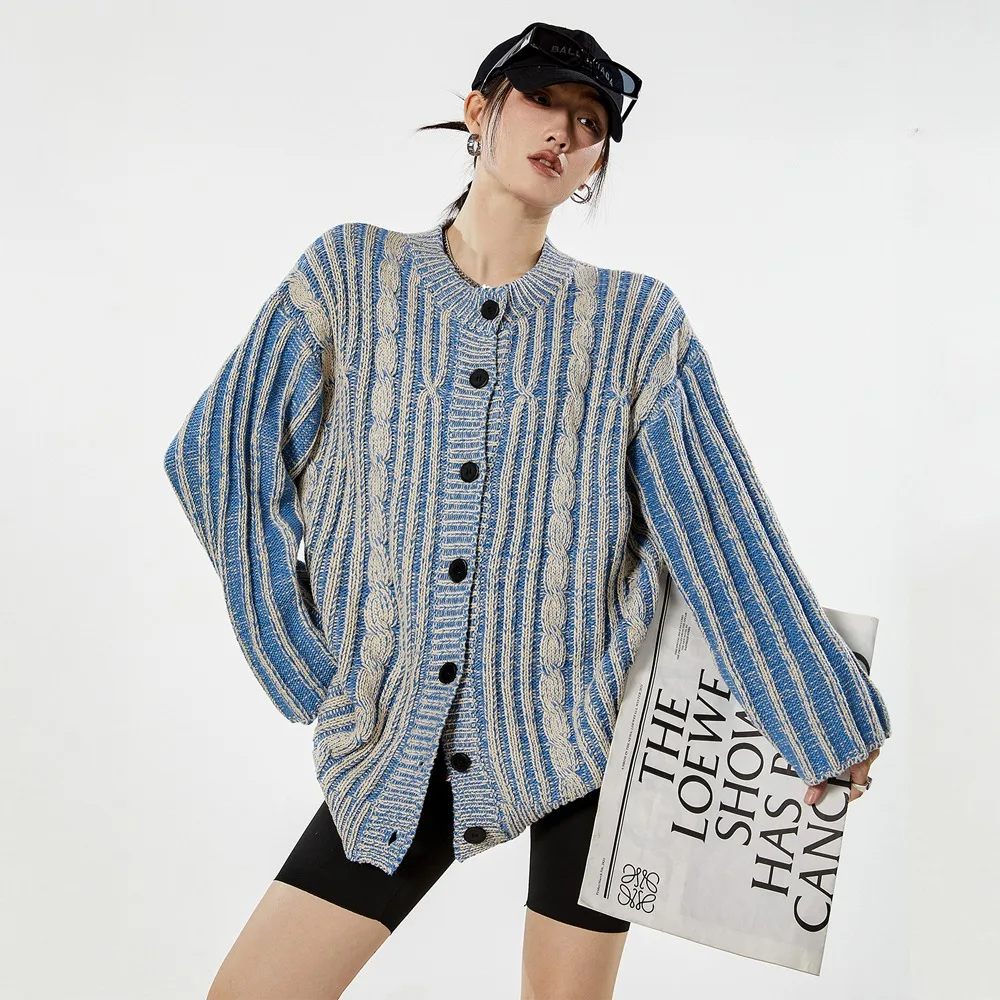 

Women's American Retro Striped Knit Sweater Loose Lazy Sle Open Cardigan Faion Outerwear Autumn Winter New Arrival