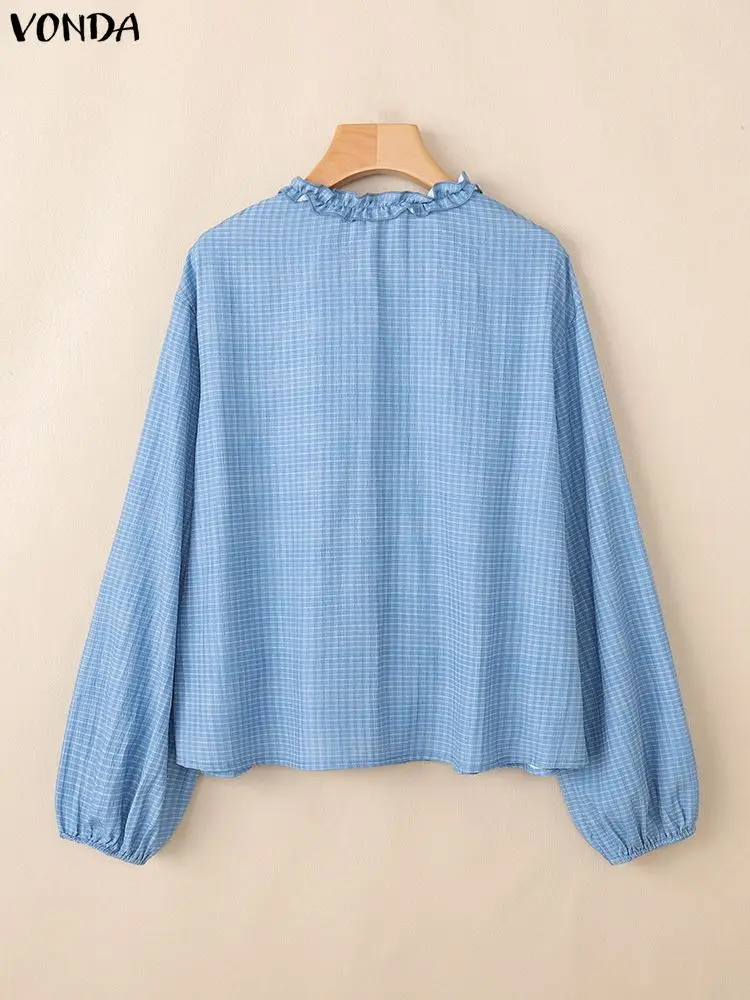 Vonda moda xadrez camisas femininas topos primavera outono manga longa com decote em v elegante senhora do escritório blusa casual bandagem solta blusas