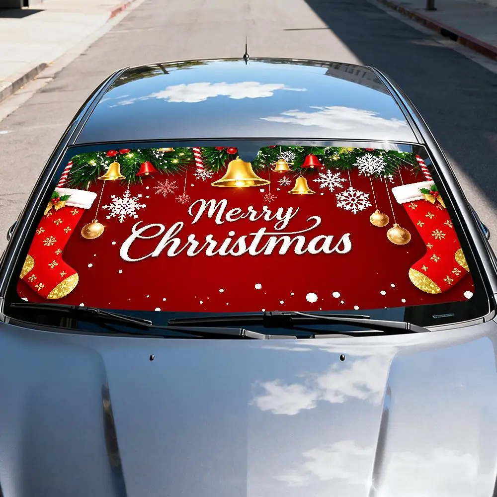 Christmas Bells And Ornaments Car SunShade Windscreen Front Window Visor 70x130cm Sun Visor Solar Protect Plaid Gift Novelty Car - view 2