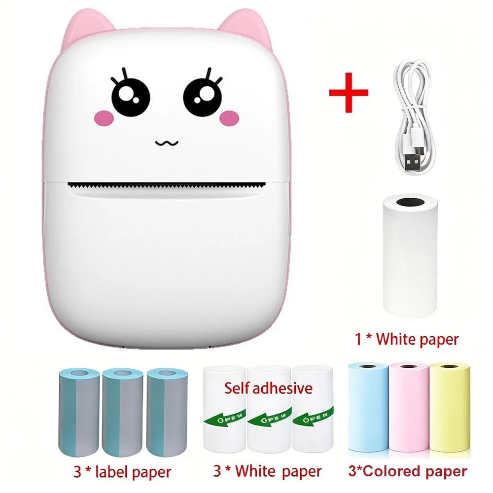 Mini Bluetooth Thermal Printer Pocket Label Maker iOS Android, Print Wrong Question Memo Sticker, Kids Study Gift with USB Cable