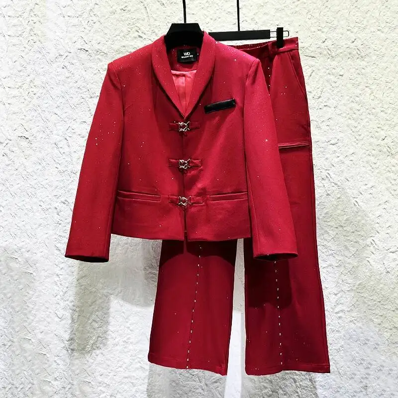 Men's Personalized Fashion Metal Buckle Design Suit Jacket Trendy Loose Rivet Straight-leg Pants Two-piece GFT6