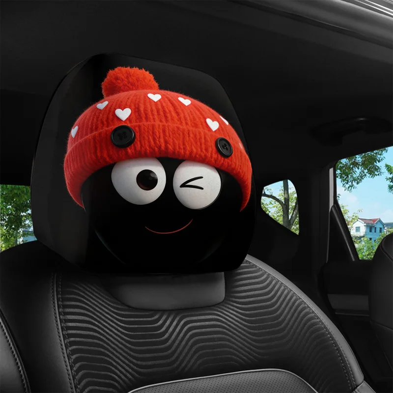 1/2 Pcs Car Headrest Covers, Cute Cartoon Winking Character With Red Beanie & White Hearts, Auto Interior Decor