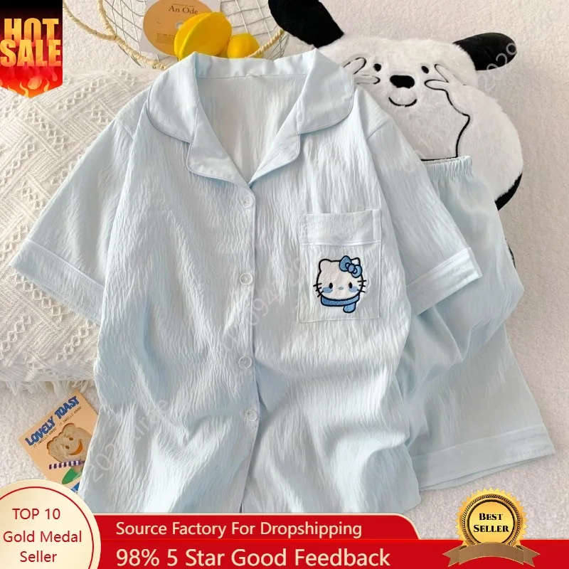 

Cardigan Pajamas Women Summer New Cloud Cotton Sweet Girl Short Sleeve Shorts Lapel Loungewear