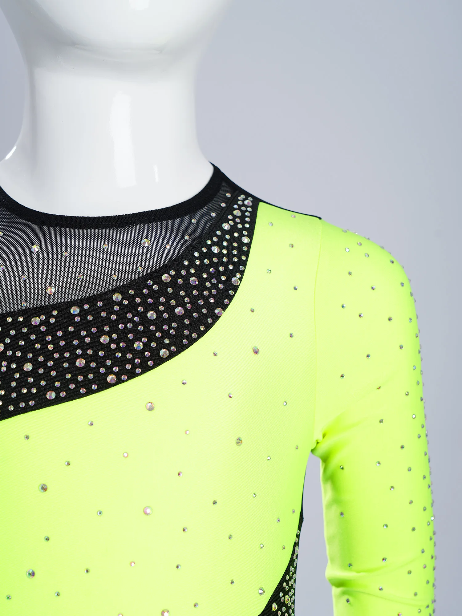 

Kids Girls Rhythmic Gymnastics Leotard Long Sleeve Sparkling Rhinestones Sheer Mesh Ballet Dance Costume for Stage Performance