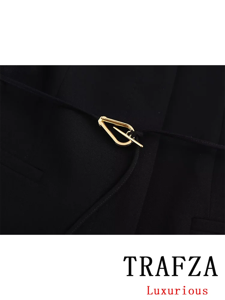 TRAFZA Vintage Casual Chic Solid Women Suit Sashes V-Neck Sleeveless Blazer Loose Flare Pants Fashion 2024 Autumn Female Suits