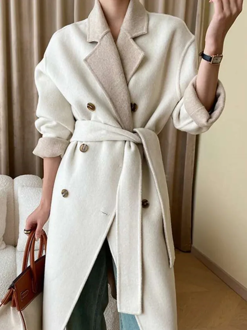 

Double-sided High End Woolen Coat Women Lapel Long Sleeves Double Breasted Wool Coats Fashion 2024 Winter 2J3R4