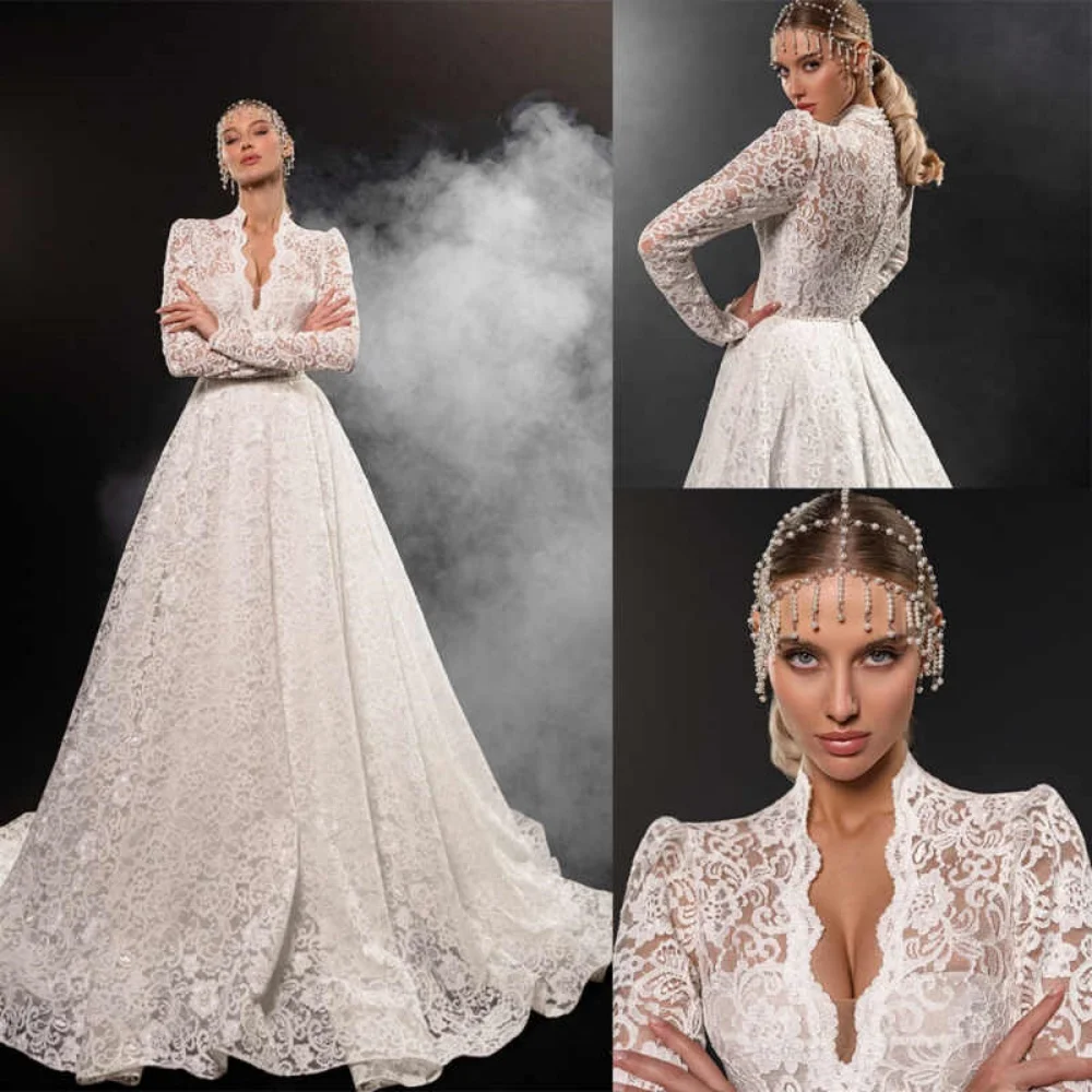 

Classics Wedding Dress Long Sleeves V-neck Beaded Lace Appliques A-line Bridal Gown Sweep Train Customized