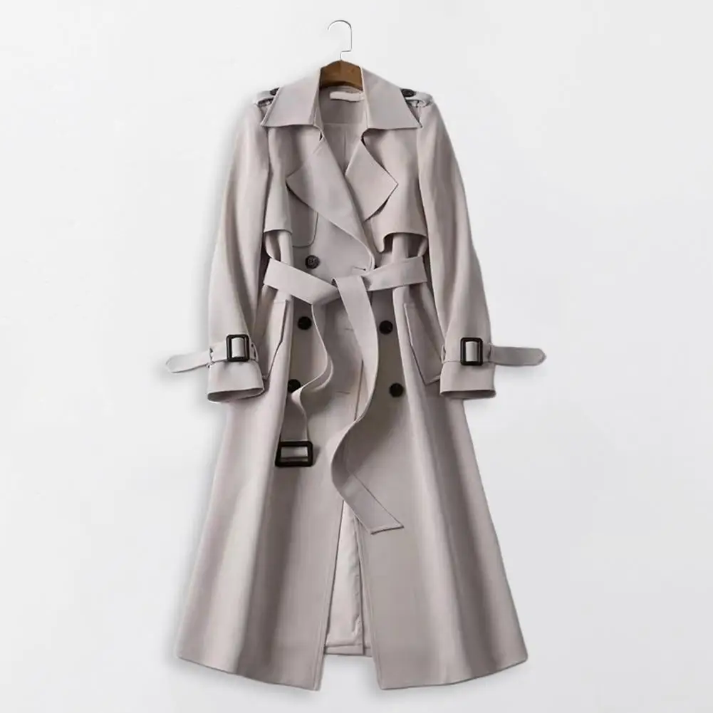 

Warm Mid-length Coat Elegant Double-breasted Trench Coat for Women Stylish Mid-length Overcoat with Belt Turn-down for Fall