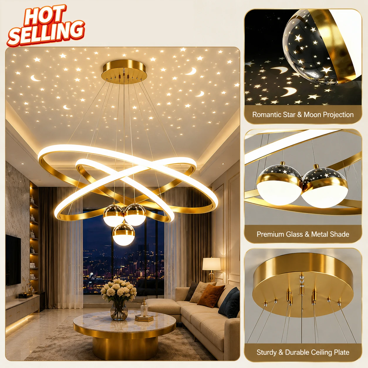 Modern Circular Chandelier for Living Room, Starry Sky Projection Creative Circular LED Chandelier, Indoor Lighting Decoration