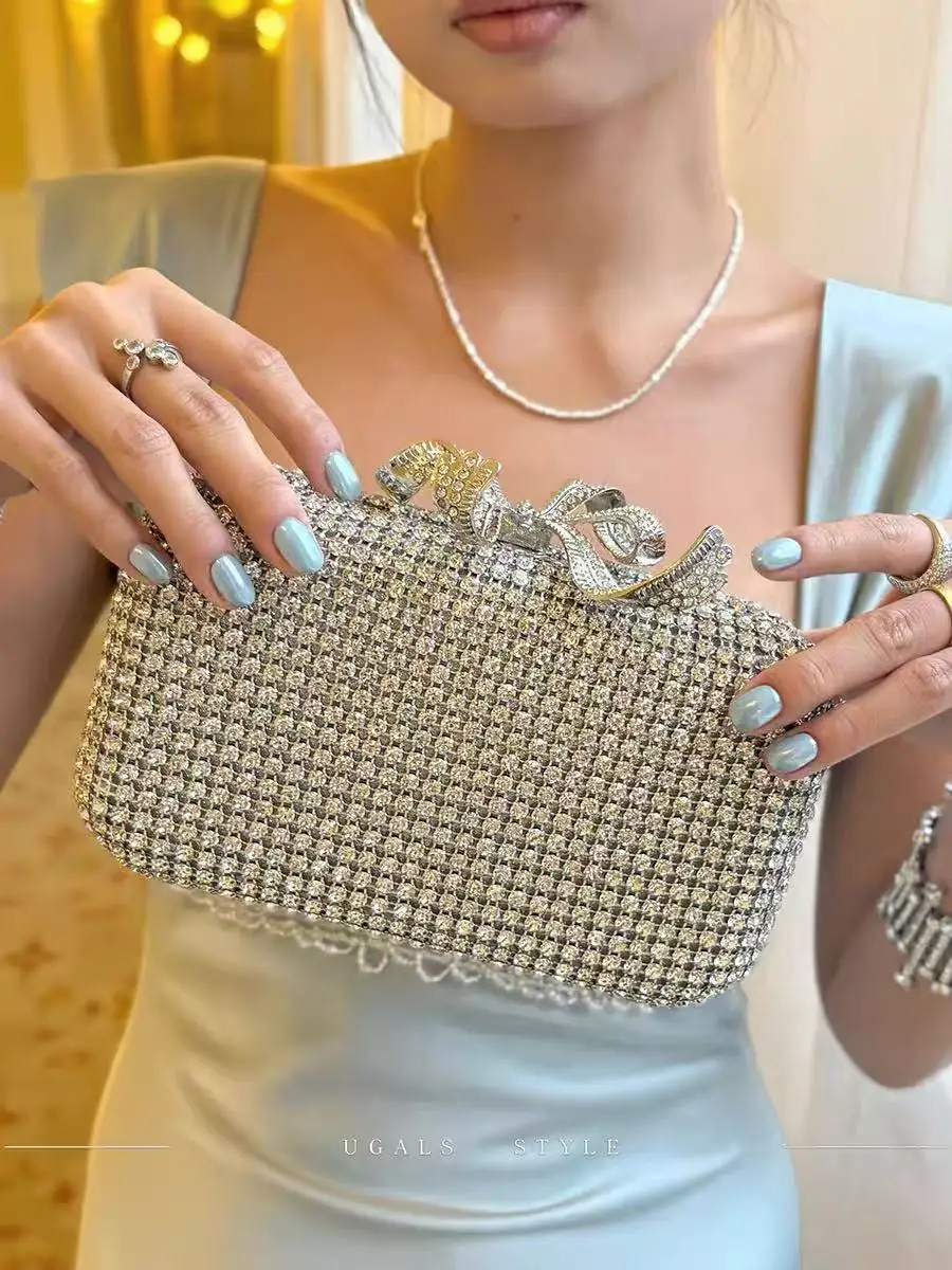 

Glitter Metallic Bow Knot Evening Bag Wedding Party Exquisite Clutch Purse Women Handbag Crystal Rhinestones Diamond Banquet Bag