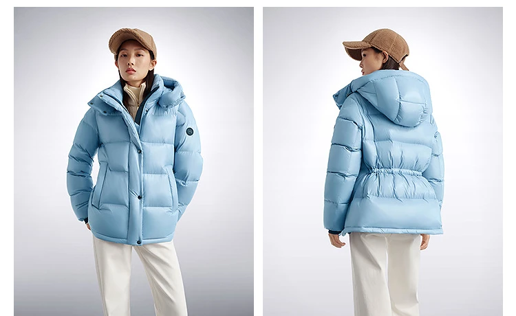 BOSIDENG Women Hooded Short Goose Down Coat 90% Goose Down 700+ Loft Shiny Fabric Adjustable Waist Puff Winter Outerwear