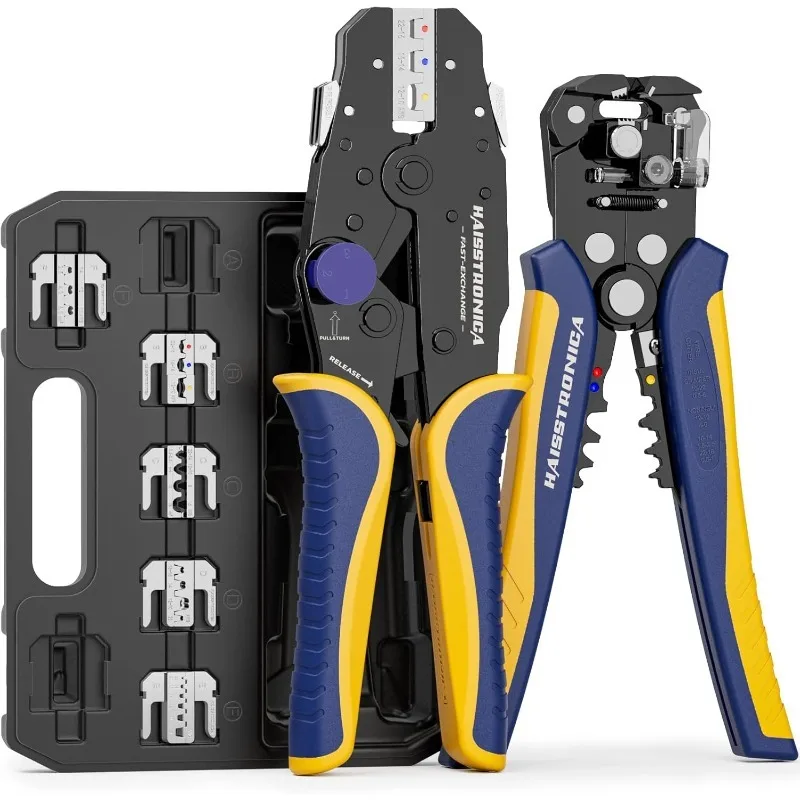 

PCS Rapid Replace Ratchet Crimping Tool Set with Pressure Regulating, Automatic Wire Stripper Heat Shrink, Non-Insulated,