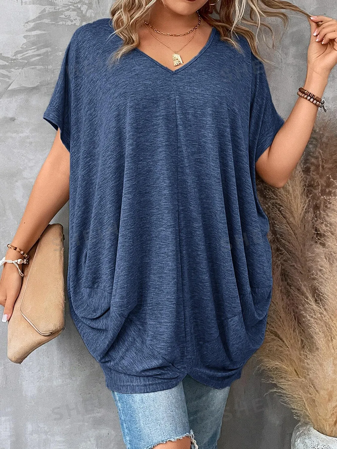 

Women Plus Size T shirts Soft V-Neck Ruched Aysmmetric Hem Short Sleeve Elegant Casual Vintage Harajuku Summer Tee Tops 2025