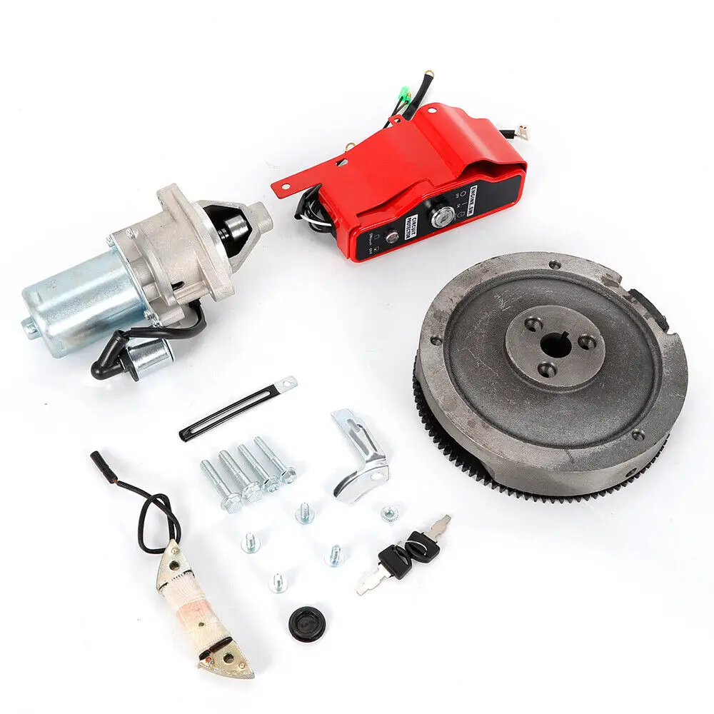 Kit de conversion de démarrage électrique compatible avec les moteurs HONDA GX340 11HP et GX390 13HP, comprenant un démarreur, un rotor, un interrupteur à clé et une bobine.