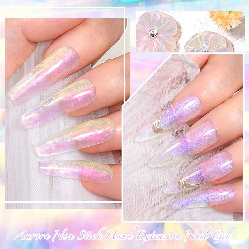 MEET ACROSS 8ml Aurora Non Stick Hand Extension Nail Gel Glitter Nails 3D Stereoscopic Carved Paintings Soak Off UV Gel Nail Art