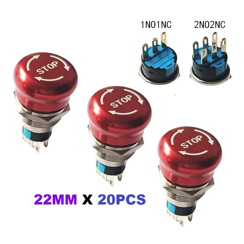 

20PCS Packing,22mm STOP Indication Metal Switch,220V 5A AC /2A 36V DC,Machine Panel Button Press Locking Switch 1NO1NC/2NO2NC