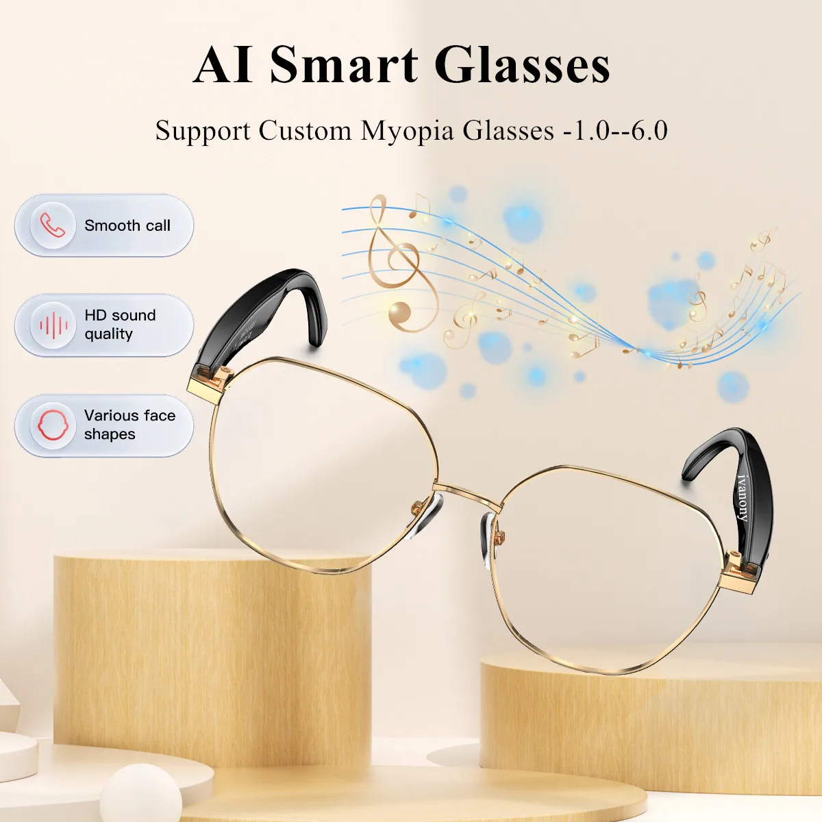 

Gold Frame Smart Glasses Prescription Myopia Custom Lenses Bluetooth Call Music Play Navigation AI Voice Smart Eyeglasses Man