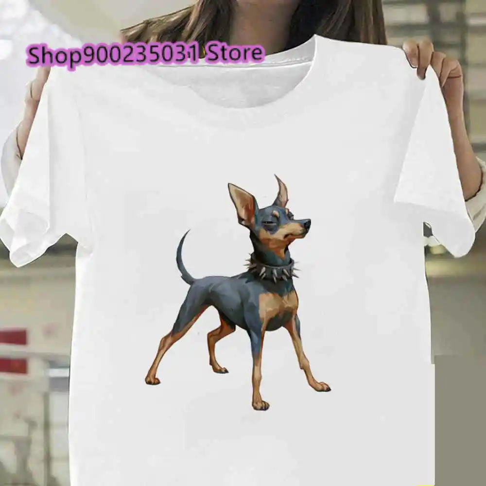 Women Retro Miniature Pinscher T-shirt Animal Pattern Print Graphic Tee Summer Casual Ladies Short Sleeve New Cartoon Top