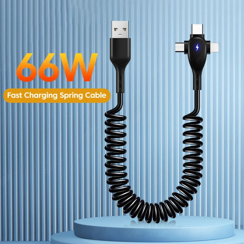 3 in 1 66W 6A Fast Charging USB Type C Cable 3A Micro USB Spring Car For IPH Xiaomi  Samsung Realme Phone Charger Cable