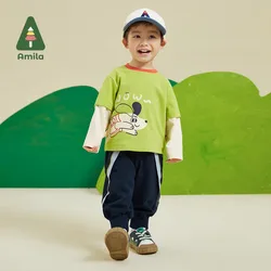 Amila Baby Boy Pants Shape 2023 Autumn New Contrast Color Stitching Cotton Cartoon Fashion Casual Trousers Children's Clothes