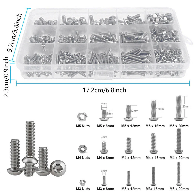 Aço inoxidável Hexagon Socket Screw Set, Cabeça Screw Kit, Allen Parafusos e Porcas, Botão Flat, Cap, M3, M4, M5, 500Pcs