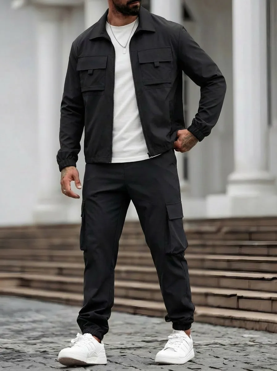 

The men's stylish zipper coat and long pants set combines the elements of tactical casual style and sportswear collection.