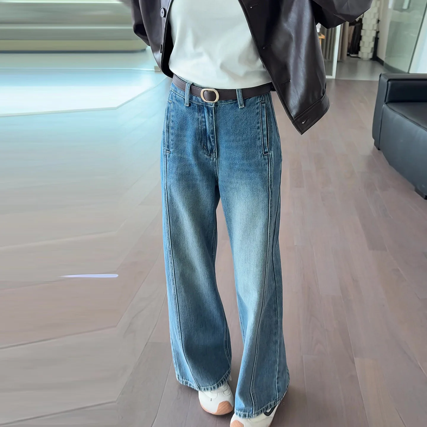 Retro High Waist Straight Leg Blue Jeans Women's New Style Slimming Small Size Wide Leg Pants Thickened Autumn New Arrival